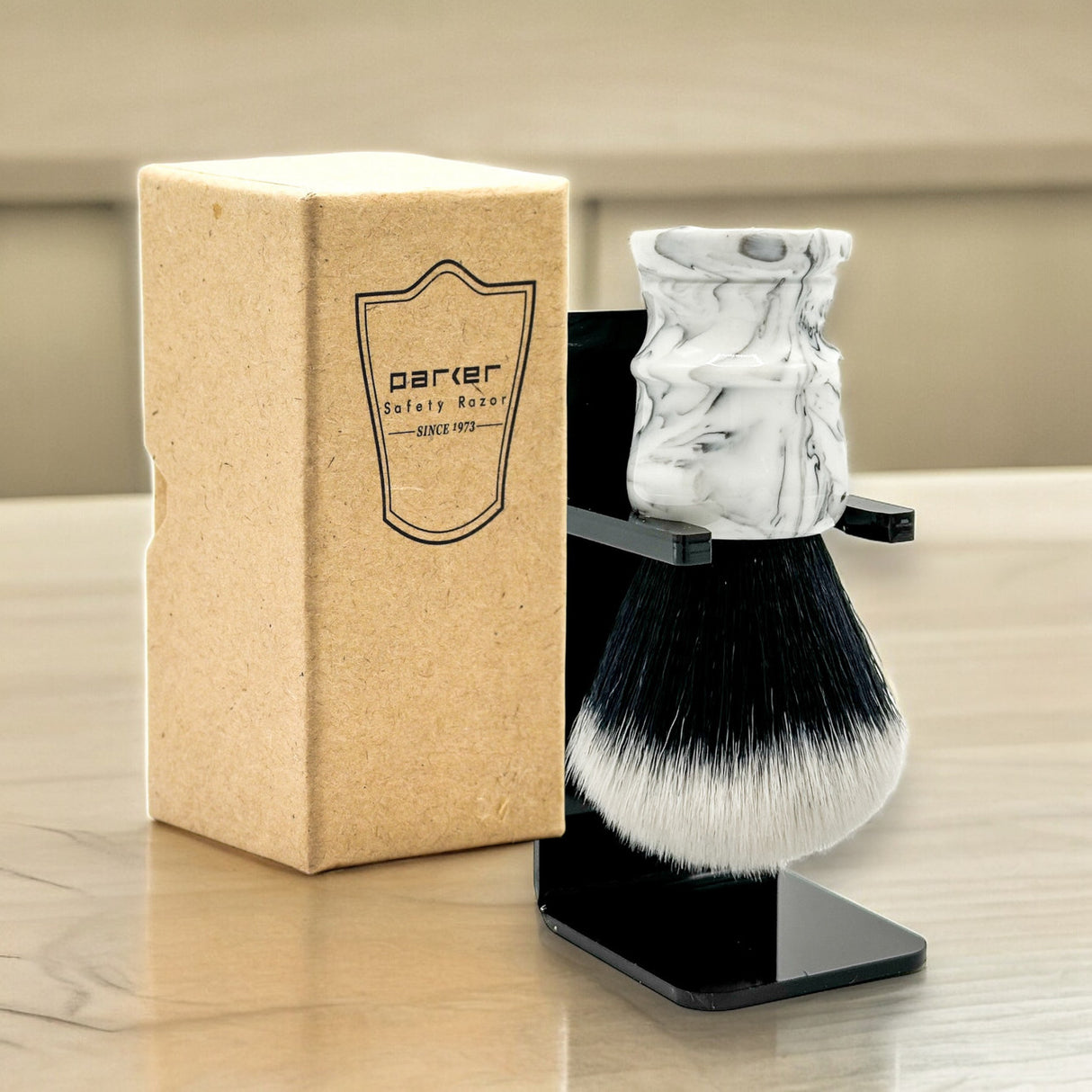 Parker - Marbled White & Black Tuxedo Knot Synthetic Shaving Brush & Stand